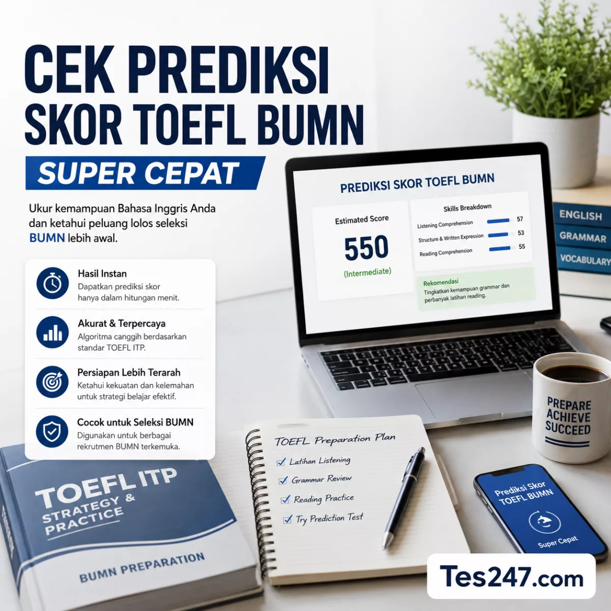 Cek Prediksi Skor TOEFL BUMN Super Cepat Tes247.com