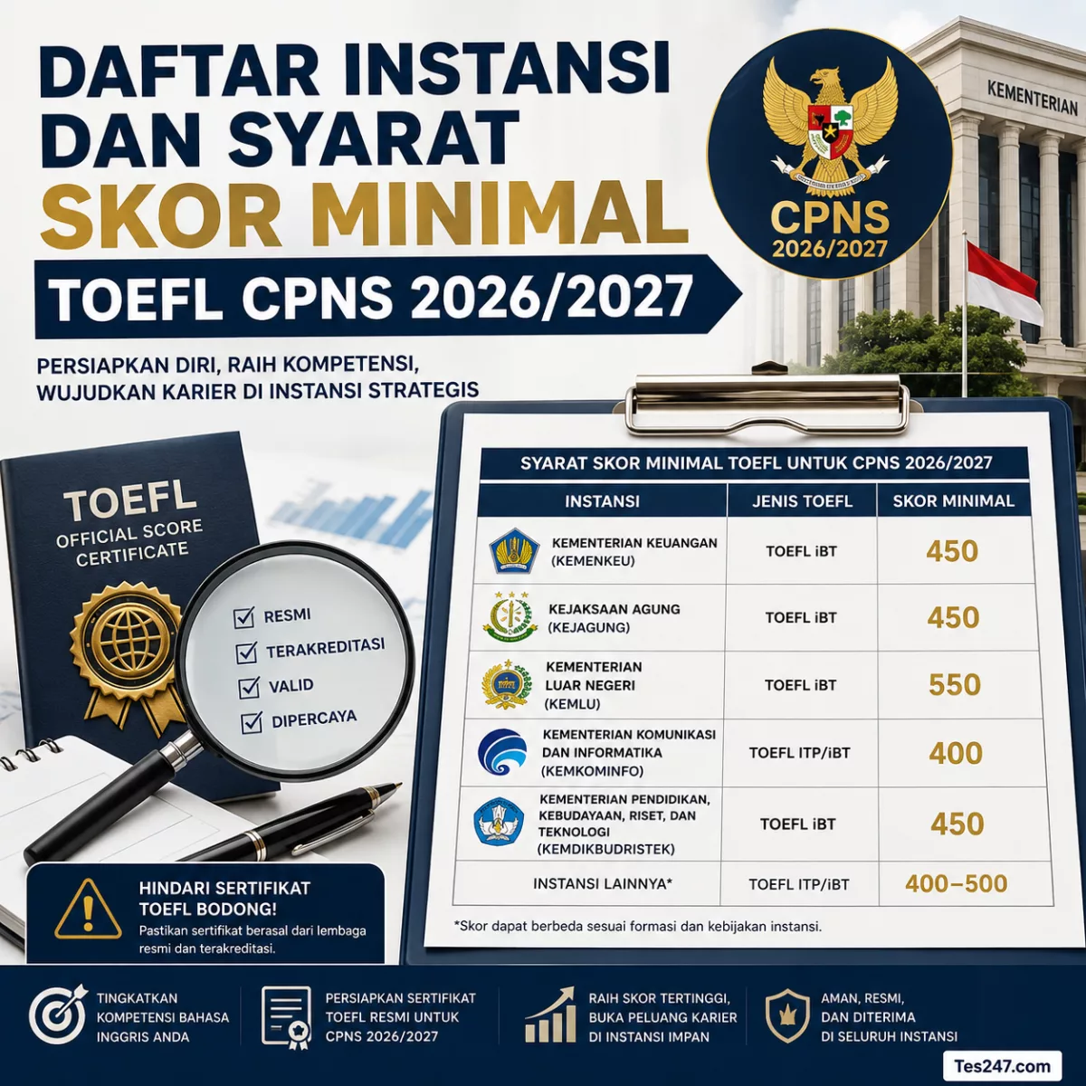 Daftar Instansi dan Syarat Skor Minimal TOEFL CPNS 2026/2027