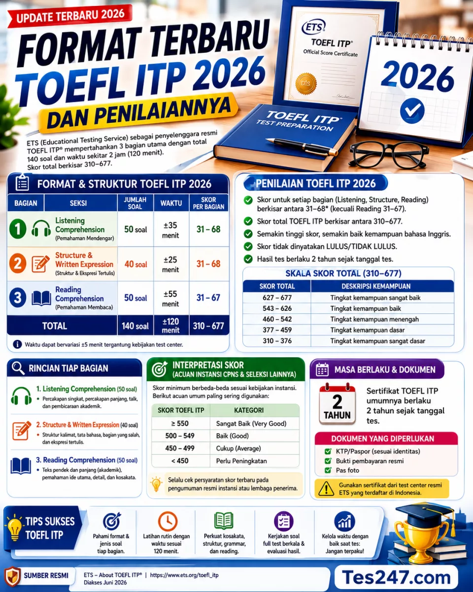 Format TOEFL ITP 2026 dan Penilaiannya Tes247.com