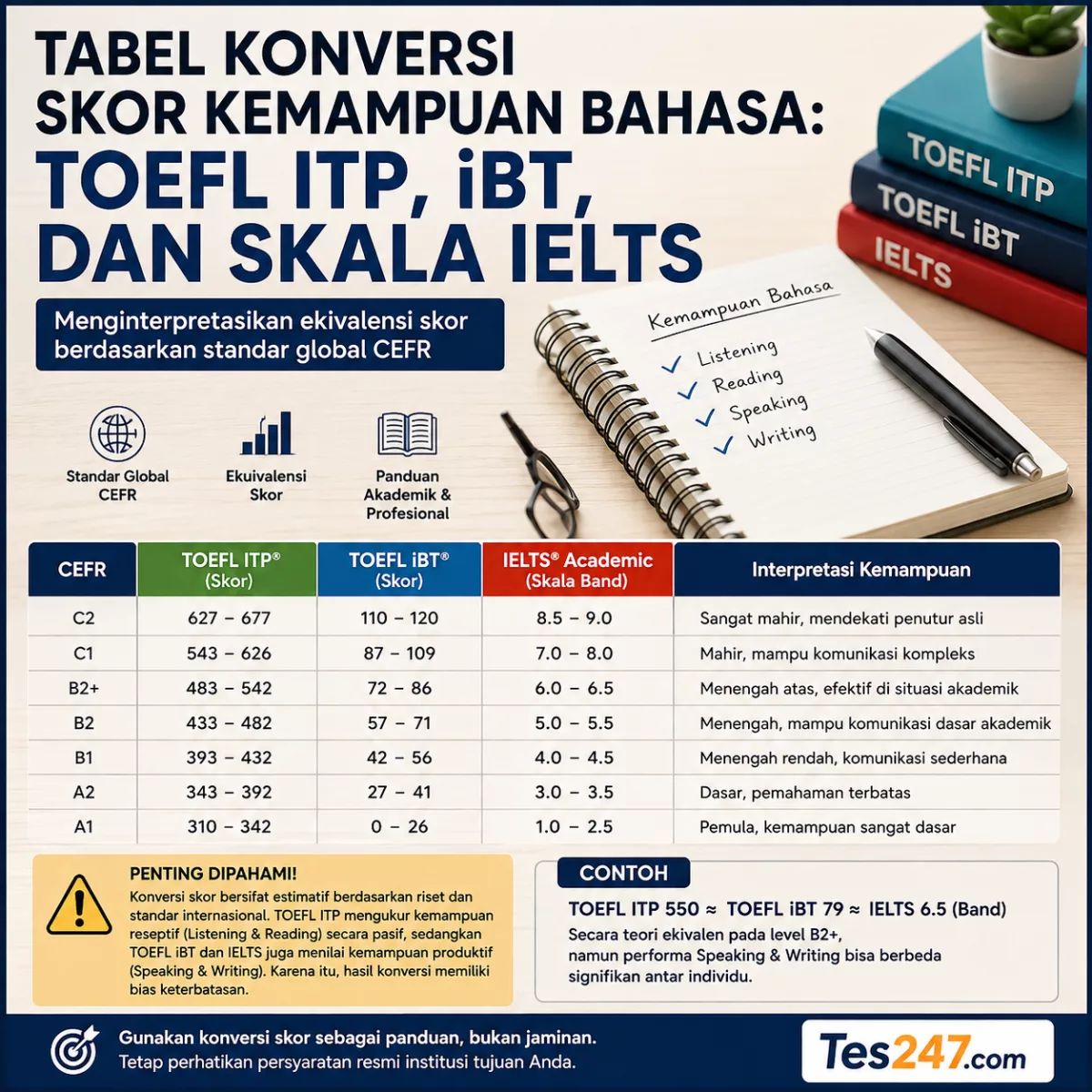 Tabel Konversi Skor TOEFL ITP, iBT, dan IELTS Tes247.com