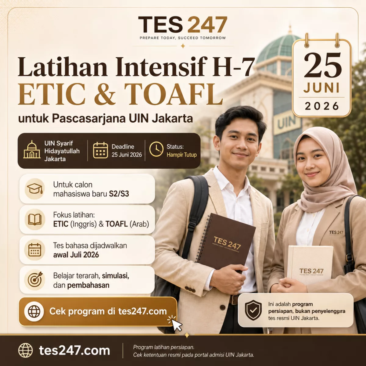 Latihan Intensif H 7 ETIC dan TOAFL UIN Jakarta untuk Camaba S2/S3 2026 Tes247.com