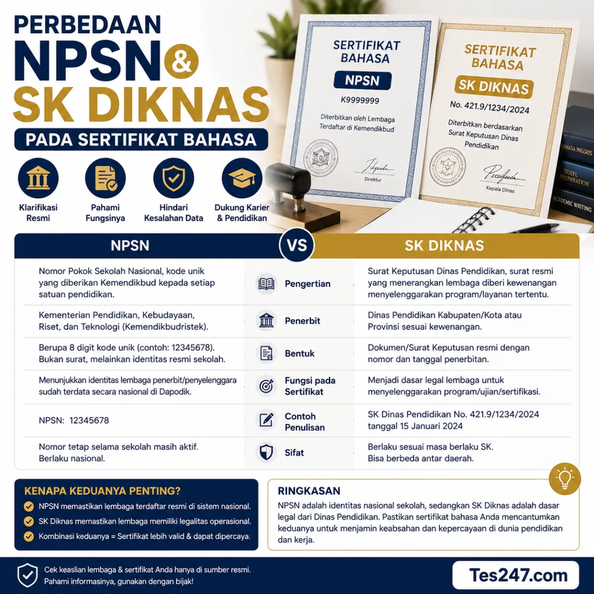 Perbedaan NPSN dan SK Diknas Sertifikat Bahasa Tes247.com