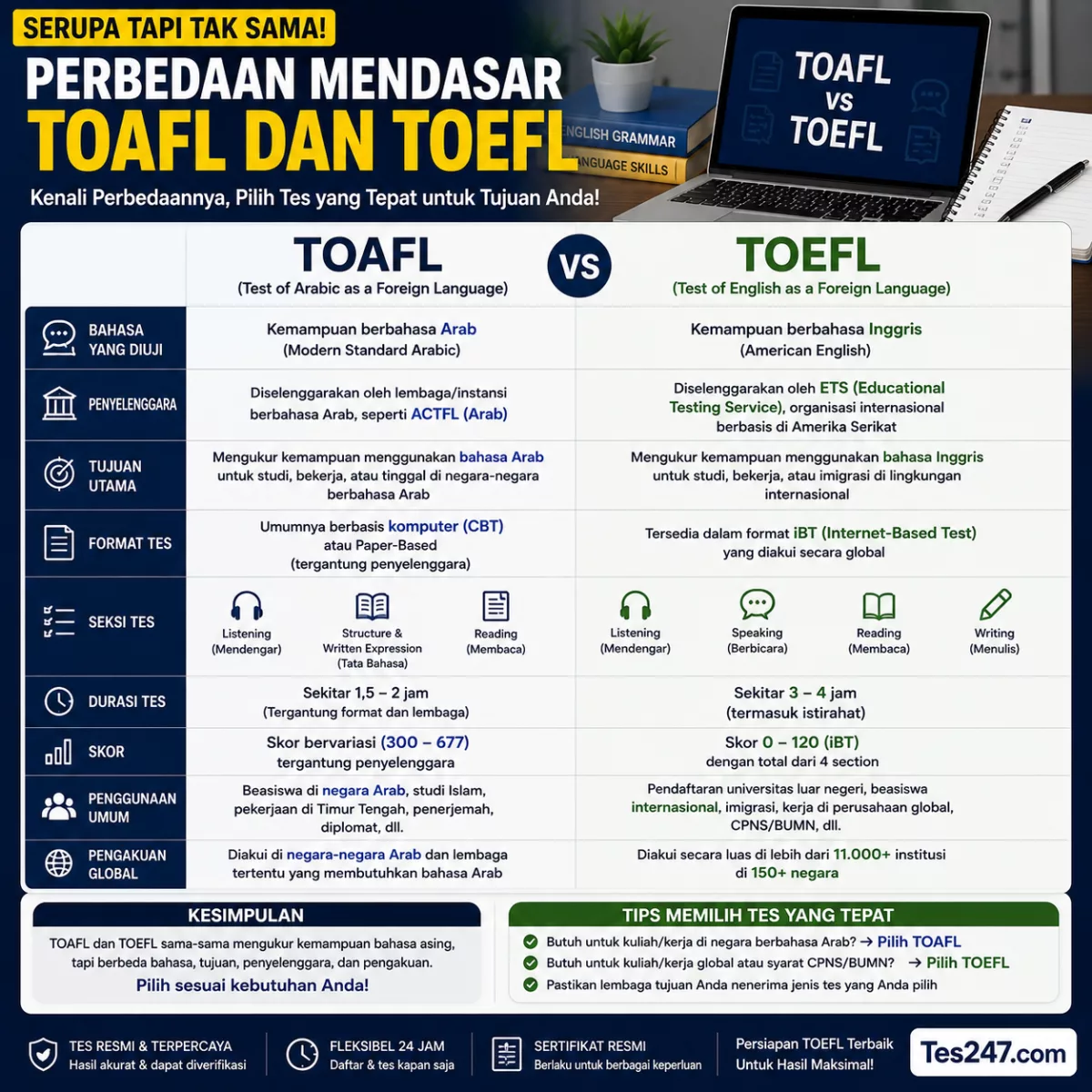 Perbedaan TOAFL dan TOEFL yang Mendasar Tes247.com