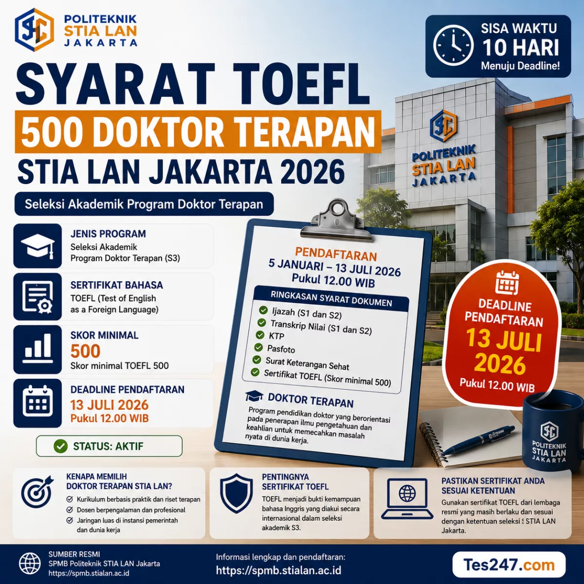 Syarat TOEFL 500 Doktor Terapan STIA LAN 2026