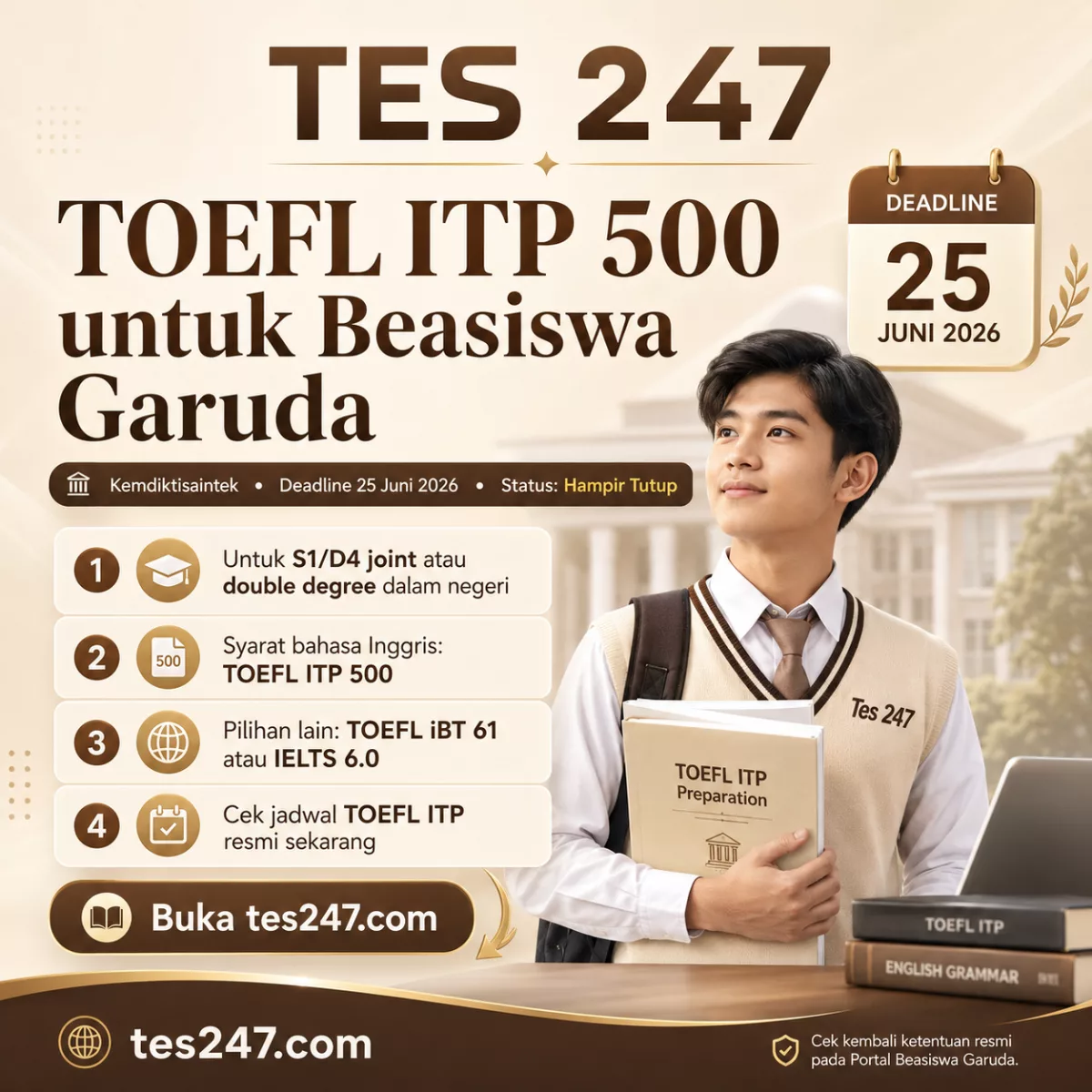 Syarat TOEFL ITP Beasiswa Garuda Kemdiktisaintek untuk Joint Degree Dalam Negeri Tes247.com