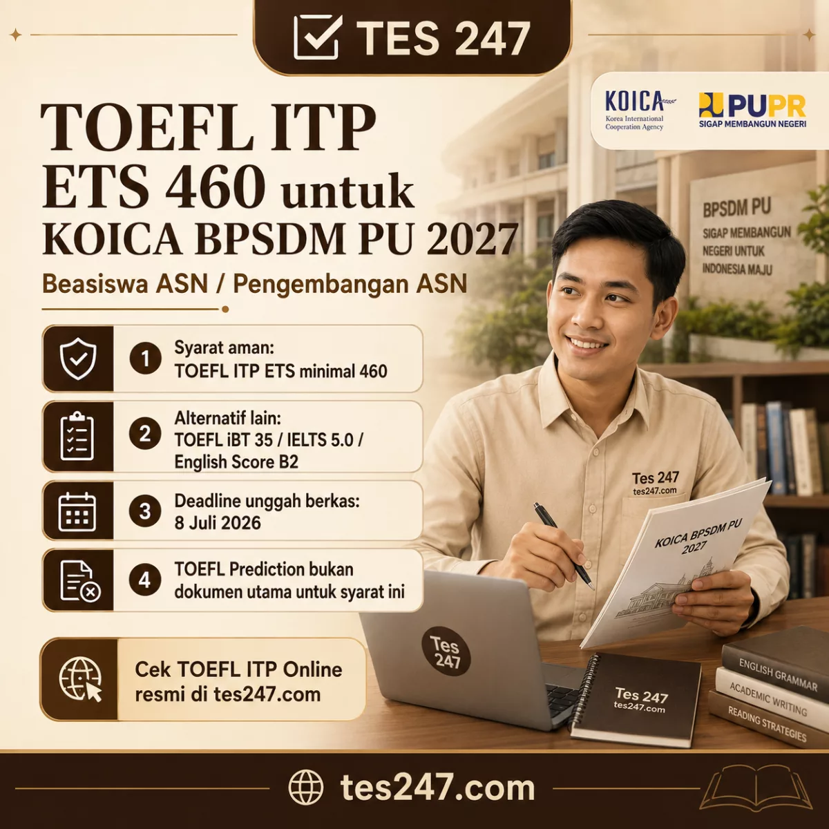 Syarat TOEFL ITP ETS 460 untuk Beasiswa ASN Kementerian PU Tes247.com
