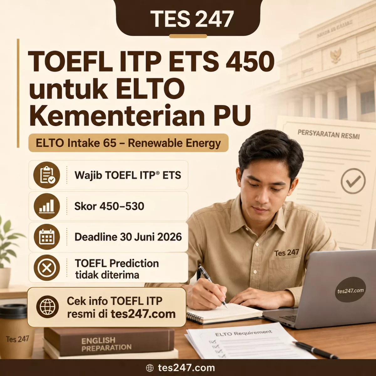 Syarat TOEFL ITP ETS untuk ELTO BPSDM Kementerian PU 2026 Tes247.com