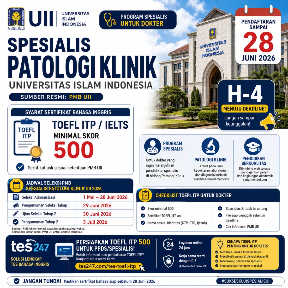 Syarat TOEFL ITP untuk PPDS Patologi Klinik UII Tes247.com