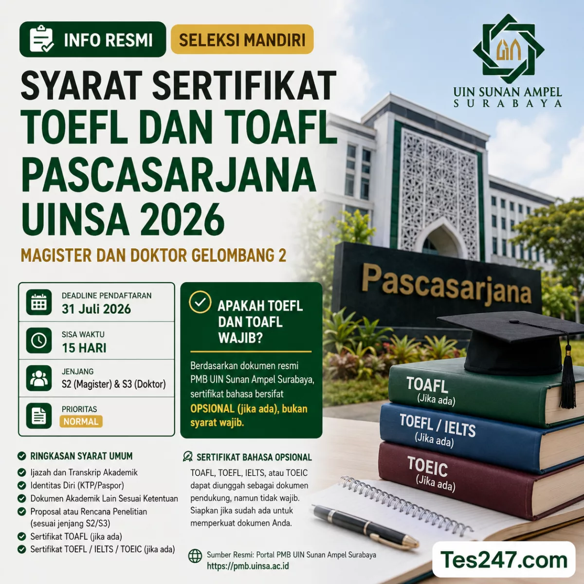 Syarat TOEFL TOAFL Pascasarjana UINSA 2026 Resmi Tes247.com