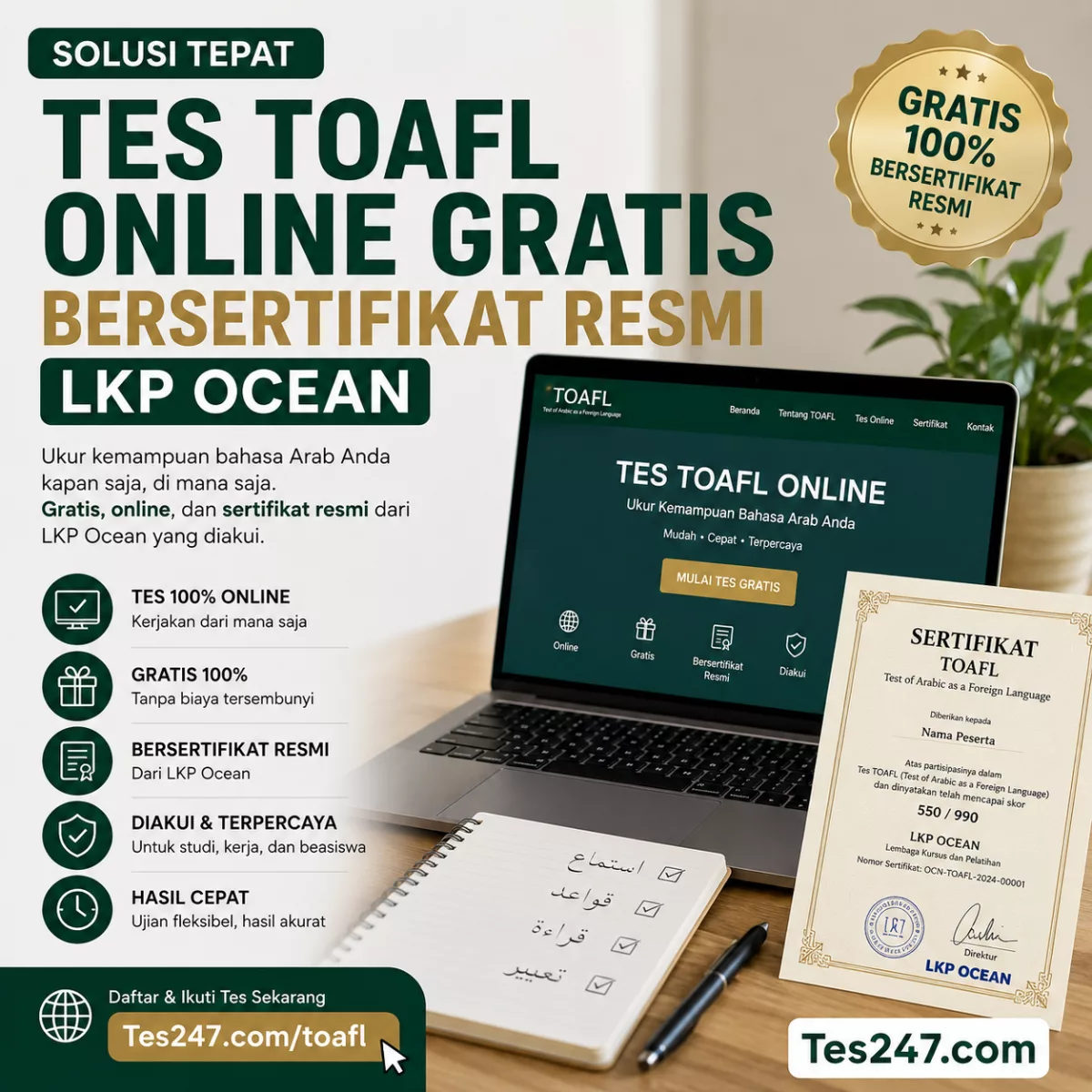 Tes TOAFL Online Gratis Bersertifikat LKP Ocean Tes247.com
