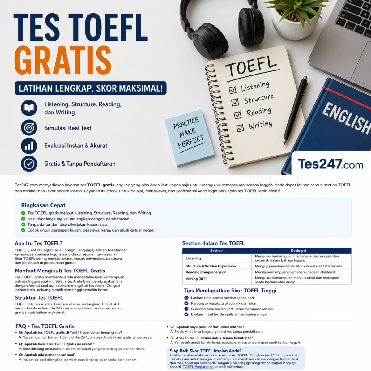 Tes TOEFL Gratis Lengkap untuk Pemula Tes247.com