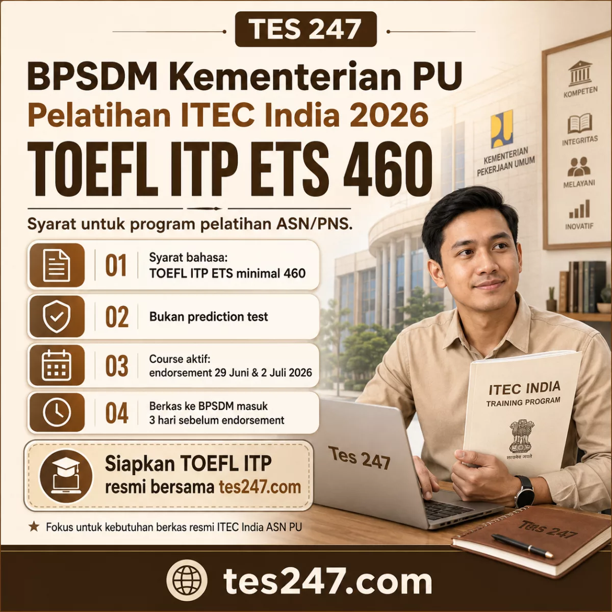 TOEFL ITP ETS 460 untuk ITEC India ASN PU 2026 Tes247.com
