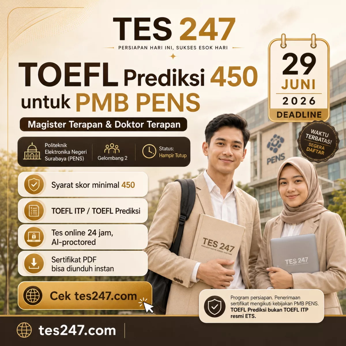TOEFL Prediction 450 untuk PMB Pascasarjana Terapan PENS 2026 Tes247.com