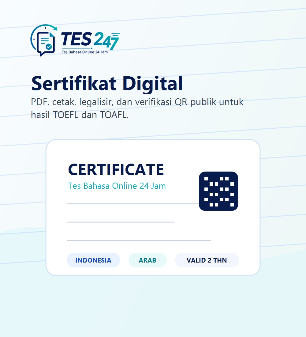 Poster sertifikat digital Tes 247 dengan verifikasi QR publik