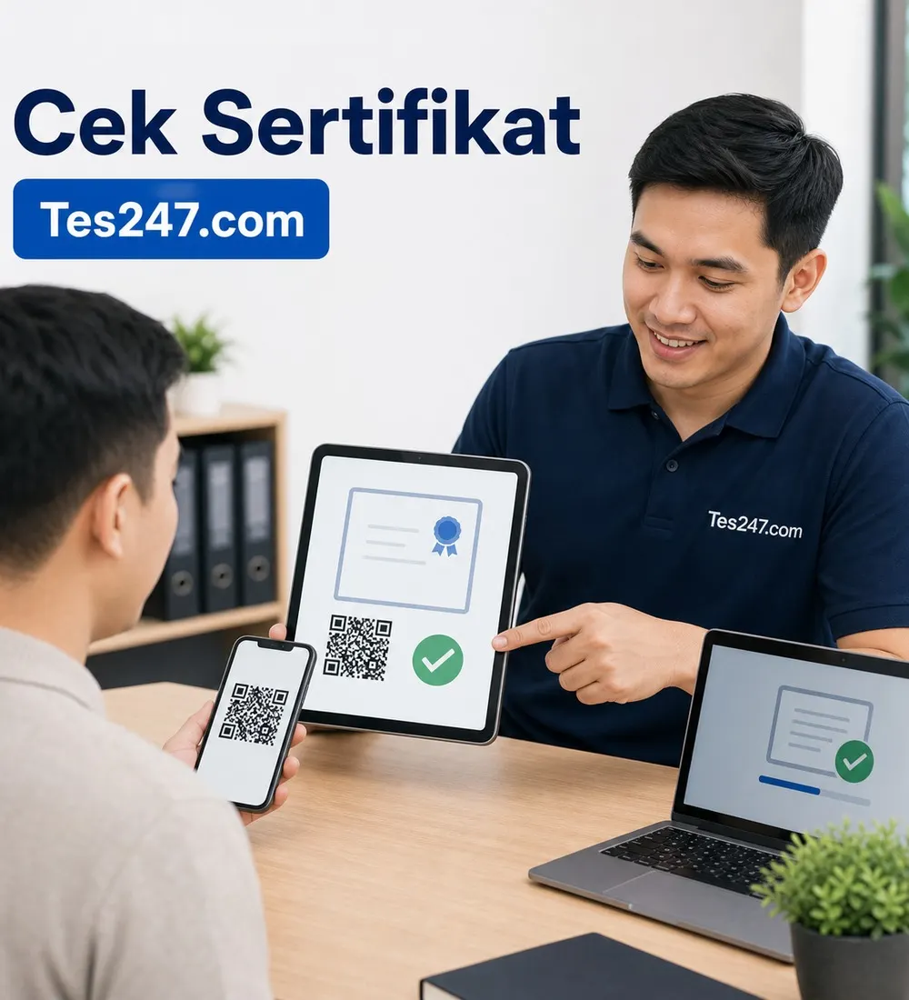Poster sertifikat digital Tes 247 dengan verifikasi QR publik