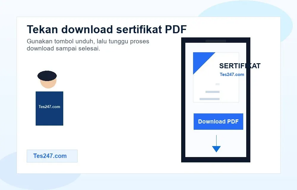 Peserta mengunduh sertifikat PDF Tes247.com dari browser mobile.