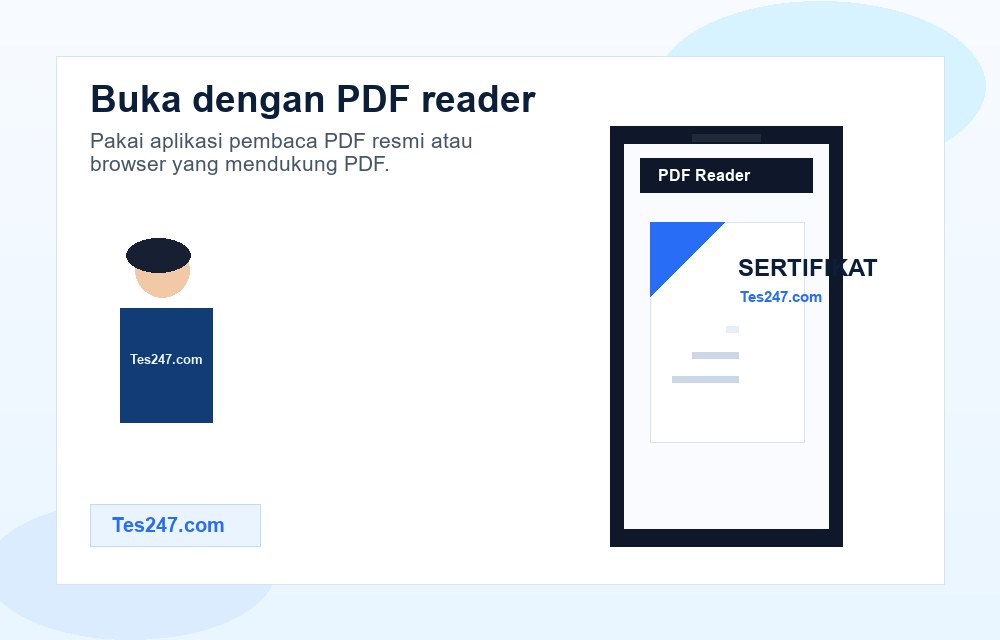 Sertifikat PDF Tes247 dibuka menggunakan aplikasi PDF reader.