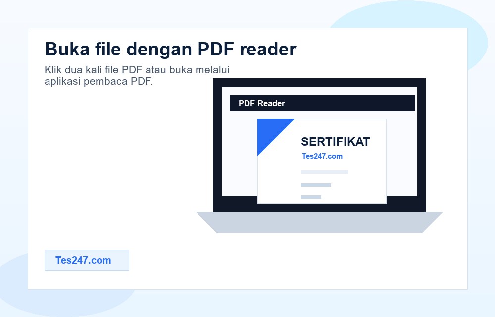 Sertifikat PDF Tes247 dibuka menggunakan PDF reader di laptop.