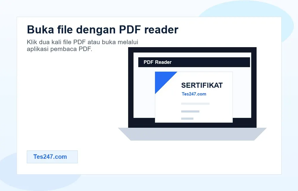Sertifikat PDF Tes 247 dibuka menggunakan PDF reader di laptop.