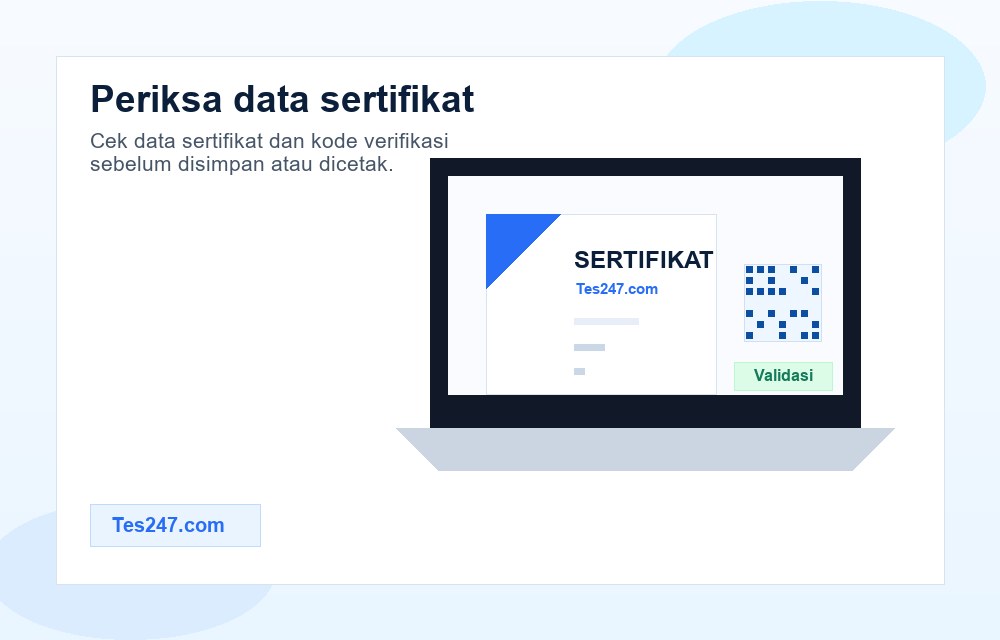 Peserta mengecek data dan QR verifikasi sertifikat PDF Tes247 di laptop.