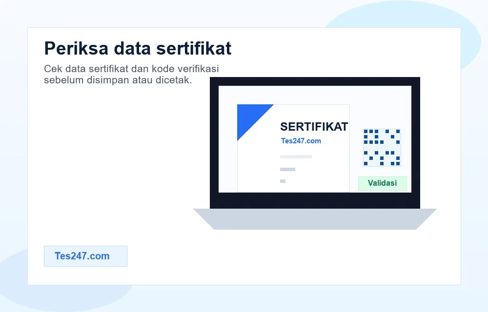 Peserta mengecek data dan QR verifikasi sertifikat PDF Tes 247 di laptop.