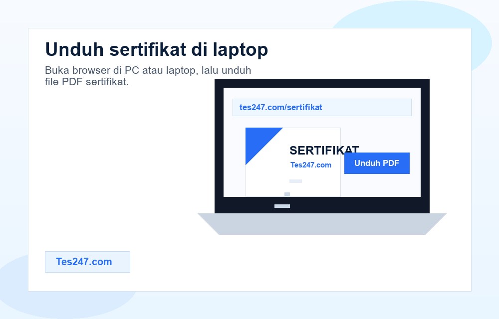 Ilustrasi cara membuka sertifikat PDF tes247.com melalui laptop.